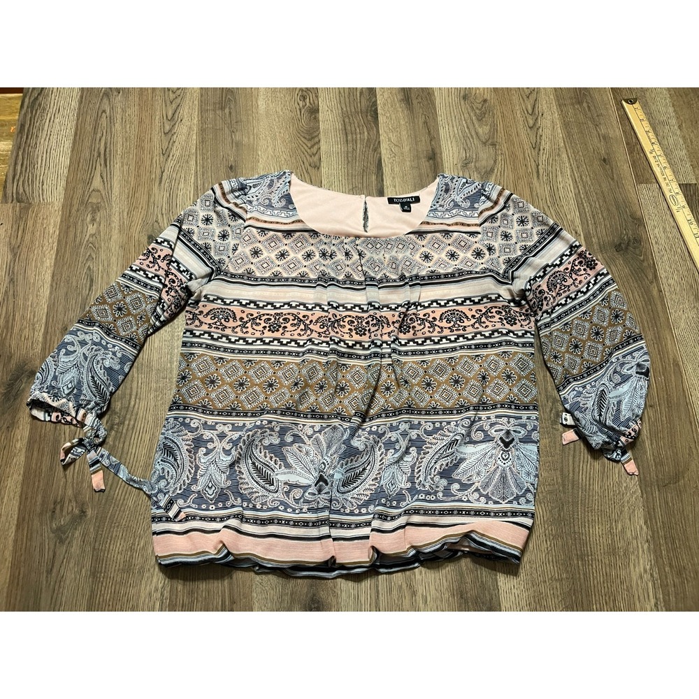 Roz & Ali Blouse, Womens Size Medium, Pink Blue Black, Allover Print Long Sleeve